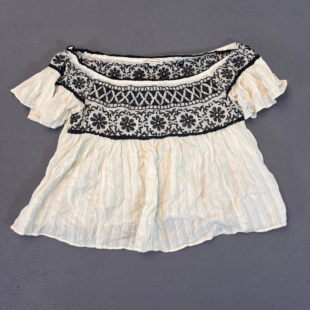 American Eagle Women's Med Boho Floral Flutter Ruffle Sleeve Blouse White Lace